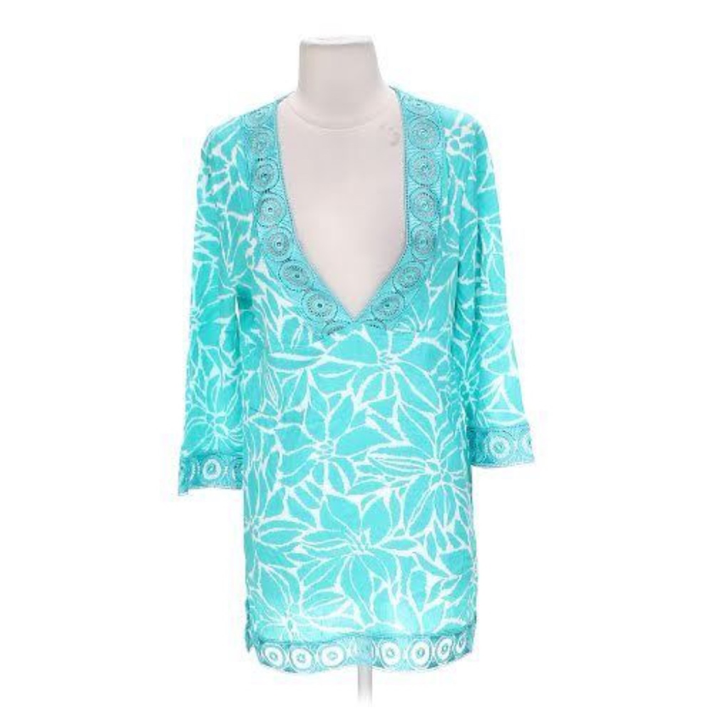 PJ Salvage Teal blue Floral Tunic Small New